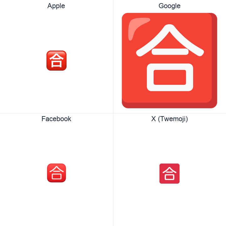 Squared Cjk Unified Ideograph-5408 emoji in a square grid: Apple and Google on the top row, Facebook and X Twemoji on the bottom, on white.
