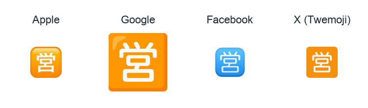 Squared Cjk Unified Ideograph-55B6 emoji artwork compared side by side for Apple, Google Noto, Facebook, and X Twemoji styles on white.