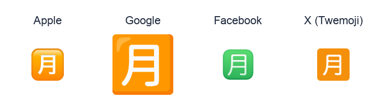 Squared Cjk Unified Ideograph-6708 emoji artwork compared side by side for Apple, Google Noto, Facebook, and X Twemoji styles on white.