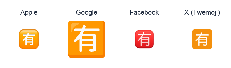 Squared Cjk Unified Ideograph-6709 emoji artwork compared side by side for Apple, Google Noto, Facebook, and X Twemoji styles on white.