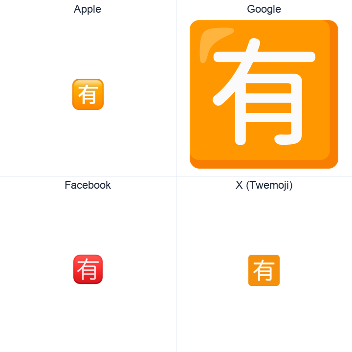 Squared Cjk Unified Ideograph-6709 emoji in a square grid: Apple and Google on the top row, Facebook and X Twemoji on the bottom, on white.