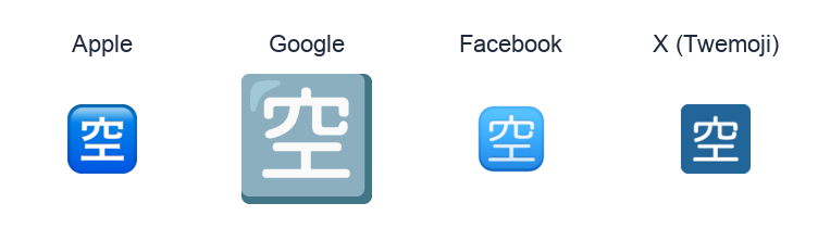 Squared Cjk Unified Ideograph-7A7A emoji artwork compared side by side for Apple, Google Noto, Facebook, and X Twemoji styles on white.