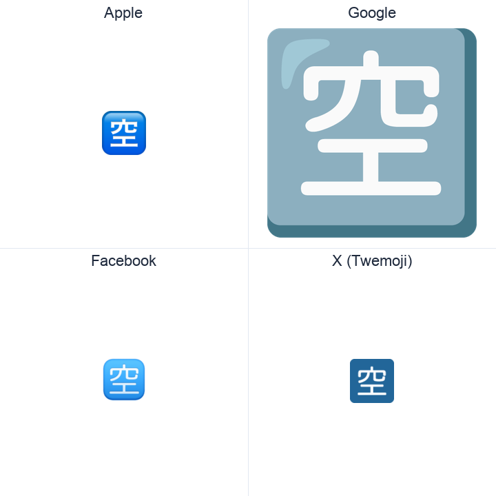 Squared Cjk Unified Ideograph-7A7A emoji in a square grid: Apple and Google on the top row, Facebook and X Twemoji on the bottom, on white.