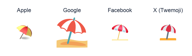 Umbrella On Ground emoji artwork compared side by side for Apple, Google Noto, Facebook, and X Twemoji styles on white.