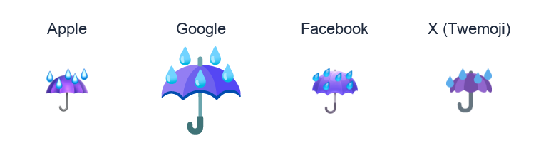 Umbrella With Rain Drops emoji artwork compared side by side for Apple, Google Noto, Facebook, and X Twemoji styles on white.