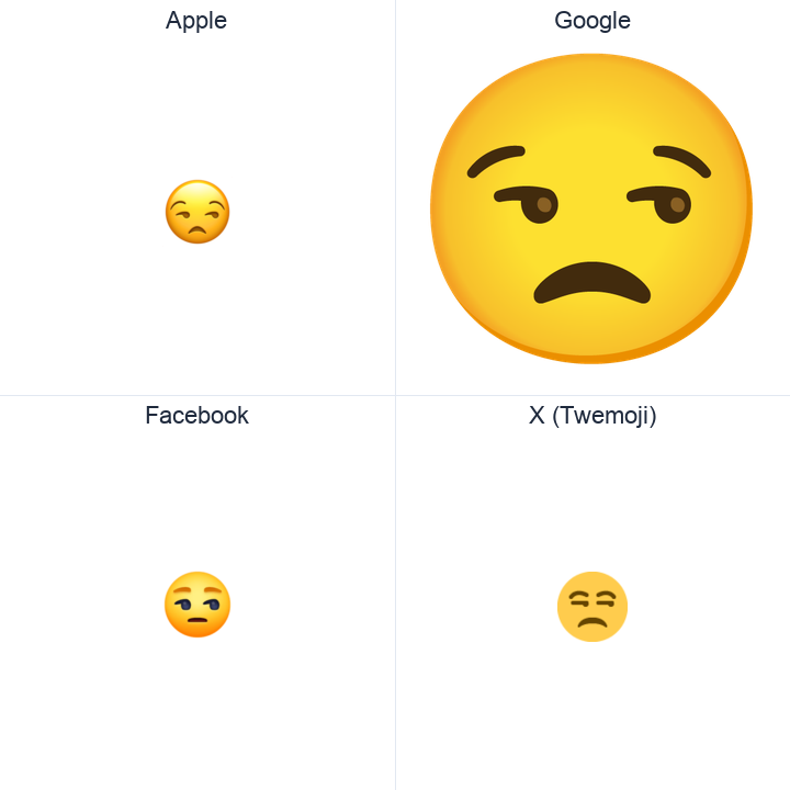Unamused Face emoji in a square grid: Apple and Google on the top row, Facebook and X Twemoji on the bottom, on white.