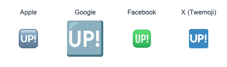 Squared Up With Exclamation Mark emoji artwork compared side by side for Apple, Google Noto, Facebook, and X Twemoji styles on white.