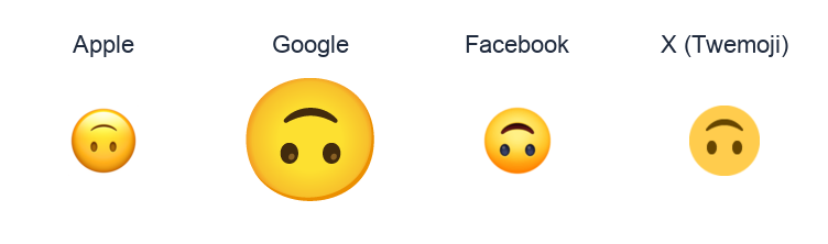 Upside-Down Face emoji artwork compared side by side for Apple, Google Noto, Facebook, and X Twemoji styles on white.