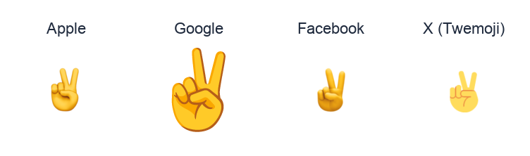 Victory Hand emoji artwork compared side by side for Apple, Google Noto, Facebook, and X Twemoji styles on white.