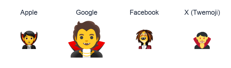 Vampire emoji artwork compared side by side for Apple, Google Noto, Facebook, and X Twemoji styles on white.