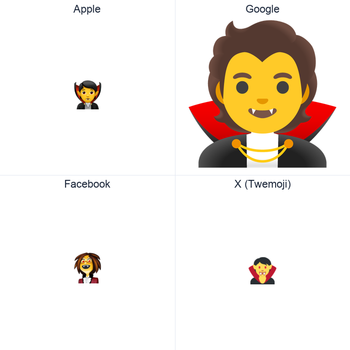 Vampire emoji in a square grid: Apple and Google on the top row, Facebook and X Twemoji on the bottom, on white.