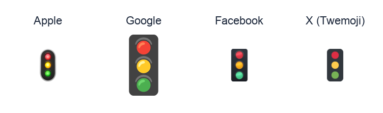 Vertical Traffic Light emoji artwork compared side by side for Apple, Google Noto, Facebook, and X Twemoji styles on white.