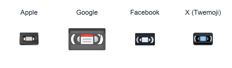 Videocassette emoji artwork compared side by side for Apple, Google Noto, Facebook, and X Twemoji styles on white.