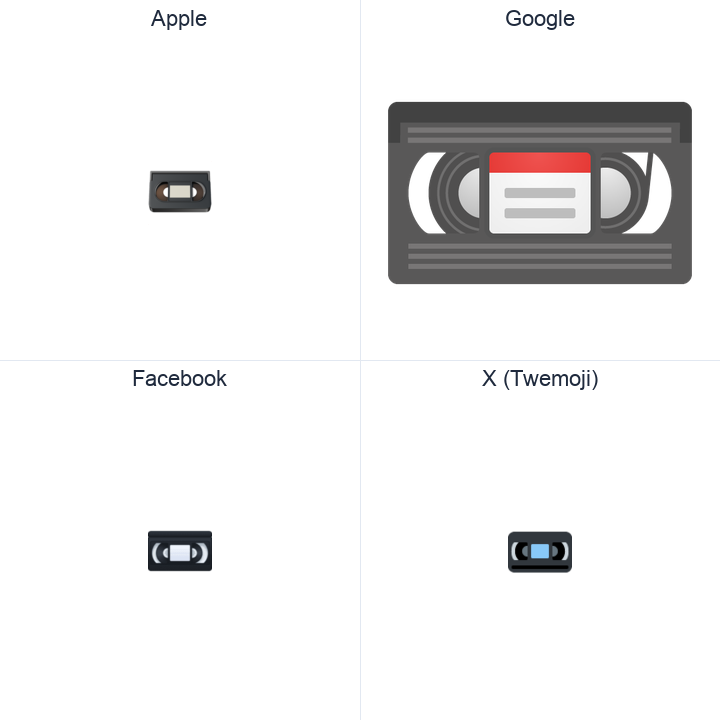 Videocassette emoji in a square grid: Apple and Google on the top row, Facebook and X Twemoji on the bottom, on white.