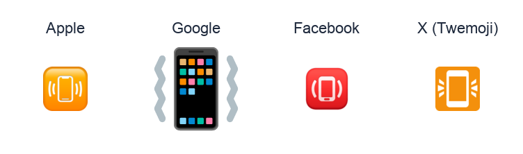 Vibration Mode emoji artwork compared side by side for Apple, Google Noto, Facebook, and X Twemoji styles on white.