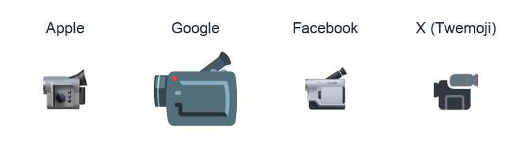 Video Camera emoji artwork compared side by side for Apple, Google Noto, Facebook, and X Twemoji styles on white.