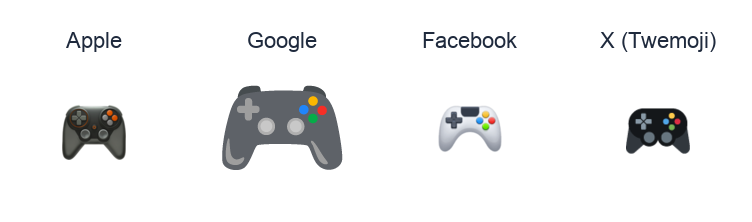 Video Game emoji artwork compared side by side for Apple, Google Noto, Facebook, and X Twemoji styles on white.