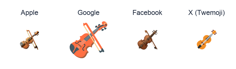 Violin emoji artwork compared side by side for Apple, Google Noto, Facebook, and X Twemoji styles on white.