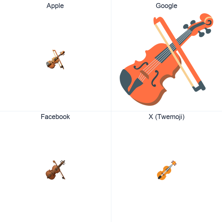 Violin emoji in a square grid: Apple and Google on the top row, Facebook and X Twemoji on the bottom, on white.
