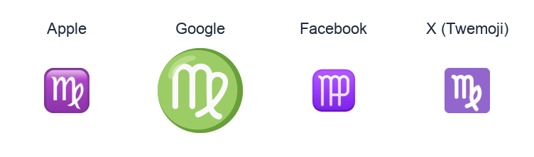 Virgo emoji artwork compared side by side for Apple, Google Noto, Facebook, and X Twemoji styles on white.