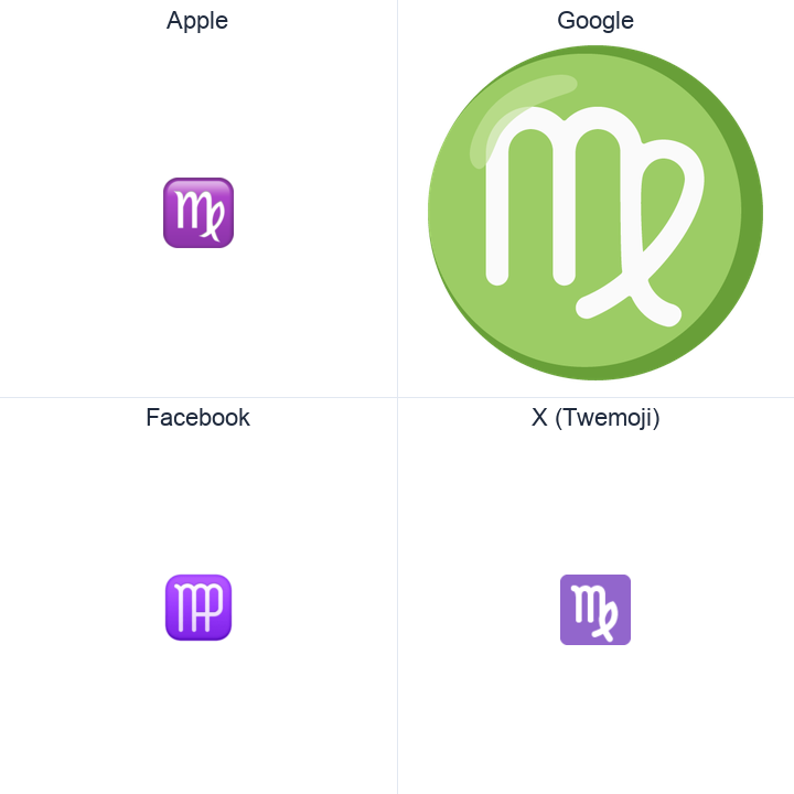 Virgo emoji in a square grid: Apple and Google on the top row, Facebook and X Twemoji on the bottom, on white.