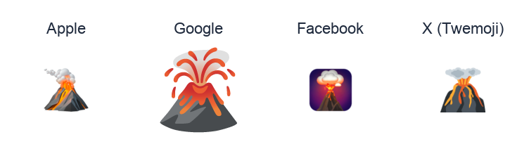 Volcano emoji artwork compared side by side for Apple, Google Noto, Facebook, and X Twemoji styles on white.