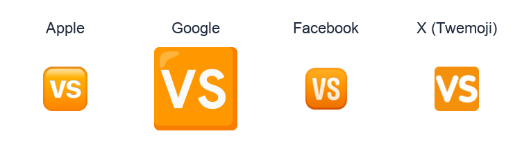Squared Vs emoji artwork compared side by side for Apple, Google Noto, Facebook, and X Twemoji styles on white.