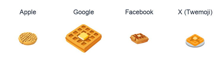 Waffle emoji artwork compared side by side for Apple, Google Noto, Facebook, and X Twemoji styles on white.