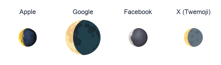 Waning Crescent Moon Symbol emoji artwork compared side by side for Apple, Google Noto, Facebook, and X Twemoji styles on white.