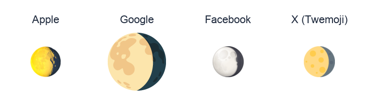 Waning Gibbous Moon Symbol emoji artwork compared side by side for Apple, Google Noto, Facebook, and X Twemoji styles on white.
