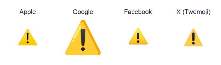 Warning Sign emoji artwork compared side by side for Apple, Google Noto, Facebook, and X Twemoji styles on white.