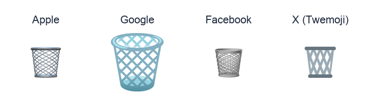 Wastebasket emoji artwork compared side by side for Apple, Google Noto, Facebook, and X Twemoji styles on white.