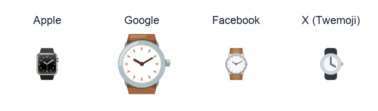 Watch emoji artwork compared side by side for Apple, Google Noto, Facebook, and X Twemoji styles on white.