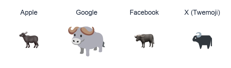 Water Buffalo emoji artwork compared side by side for Apple, Google Noto, Facebook, and X Twemoji styles on white.