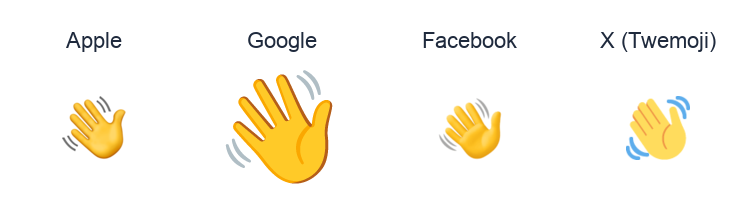 Waving Hand Sign emoji artwork compared side by side for Apple, Google Noto, Facebook, and X Twemoji styles on white.