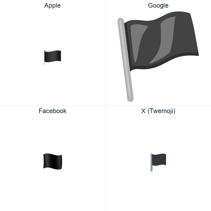 Waving Black Flag emoji in a square grid: Apple and Google on the top row, Facebook and X Twemoji on the bottom, on white.