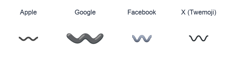 Wavy Dash emoji artwork compared side by side for Apple, Google Noto, Facebook, and X Twemoji styles on white.