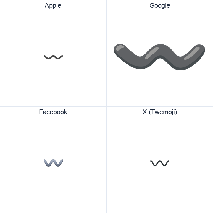 Wavy Dash emoji in a square grid: Apple and Google on the top row, Facebook and X Twemoji on the bottom, on white.