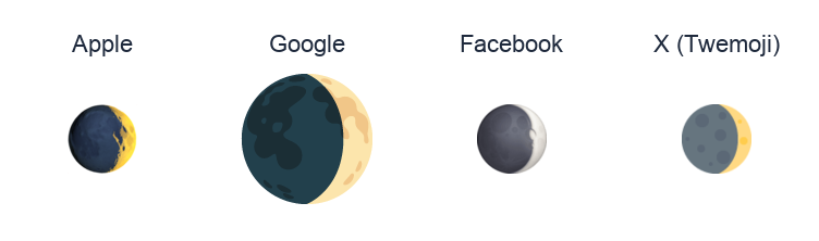 Waxing Crescent Moon Symbol emoji artwork compared side by side for Apple, Google Noto, Facebook, and X Twemoji styles on white.