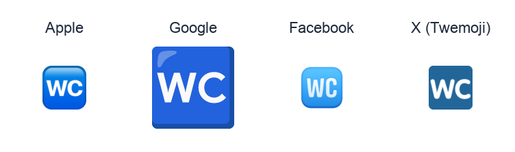 Water Closet emoji artwork compared side by side for Apple, Google Noto, Facebook, and X Twemoji styles on white.