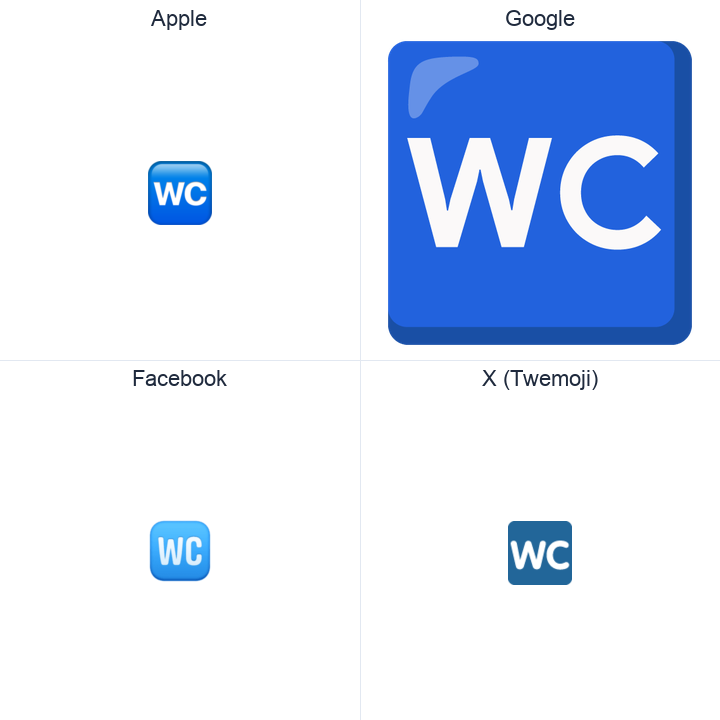 Water Closet emoji in a square grid: Apple and Google on the top row, Facebook and X Twemoji on the bottom, on white.
