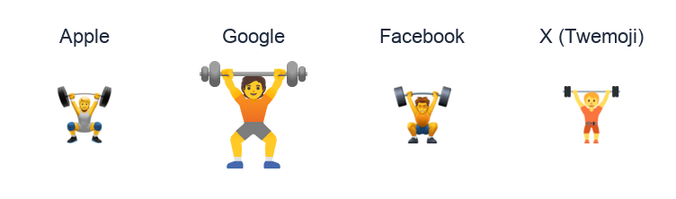 Person Lifting Weights emoji artwork compared side by side for Apple, Google Noto, Facebook, and X Twemoji styles on white.