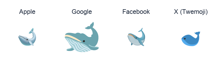 Whale emoji artwork compared side by side for Apple, Google Noto, Facebook, and X Twemoji styles on white.