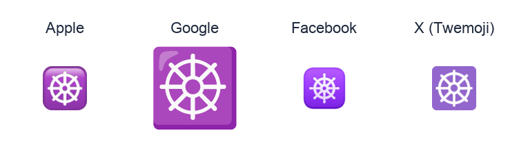 Wheel Of Dharma emoji artwork compared side by side for Apple, Google Noto, Facebook, and X Twemoji styles on white.