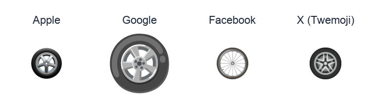Wheel emoji artwork compared side by side for Apple, Google Noto, Facebook, and X Twemoji styles on white.