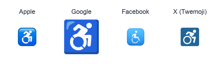 Wheelchair Symbol emoji artwork compared side by side for Apple, Google Noto, Facebook, and X Twemoji styles on white.