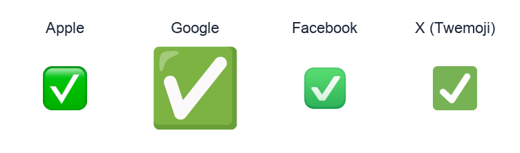 White Heavy Check Mark emoji artwork compared side by side for Apple, Google Noto, Facebook, and X Twemoji styles on white.