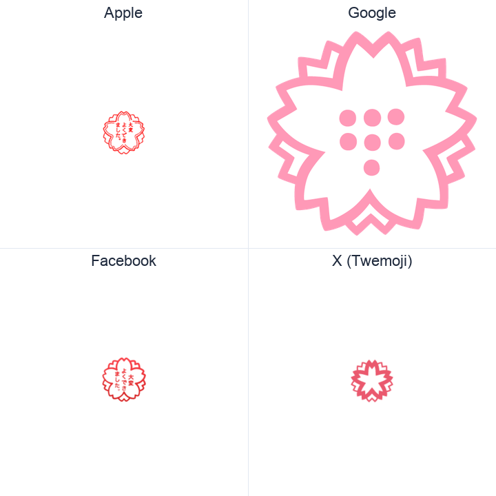 White Flower emoji in a square grid: Apple and Google on the top row, Facebook and X Twemoji on the bottom, on white.