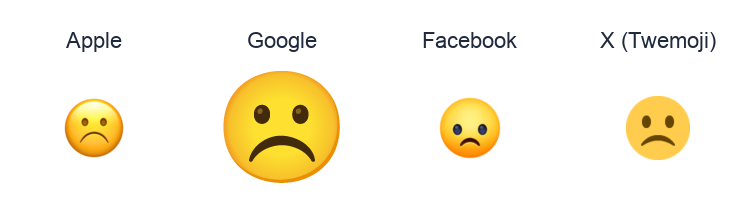 Frowning Face emoji artwork compared side by side for Apple, Google Noto, Facebook, and X Twemoji styles on white.