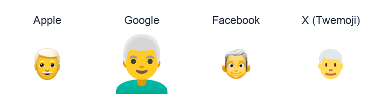 Man: White Hair emoji artwork compared side by side for Apple, Google Noto, Facebook, and X Twemoji styles on white.